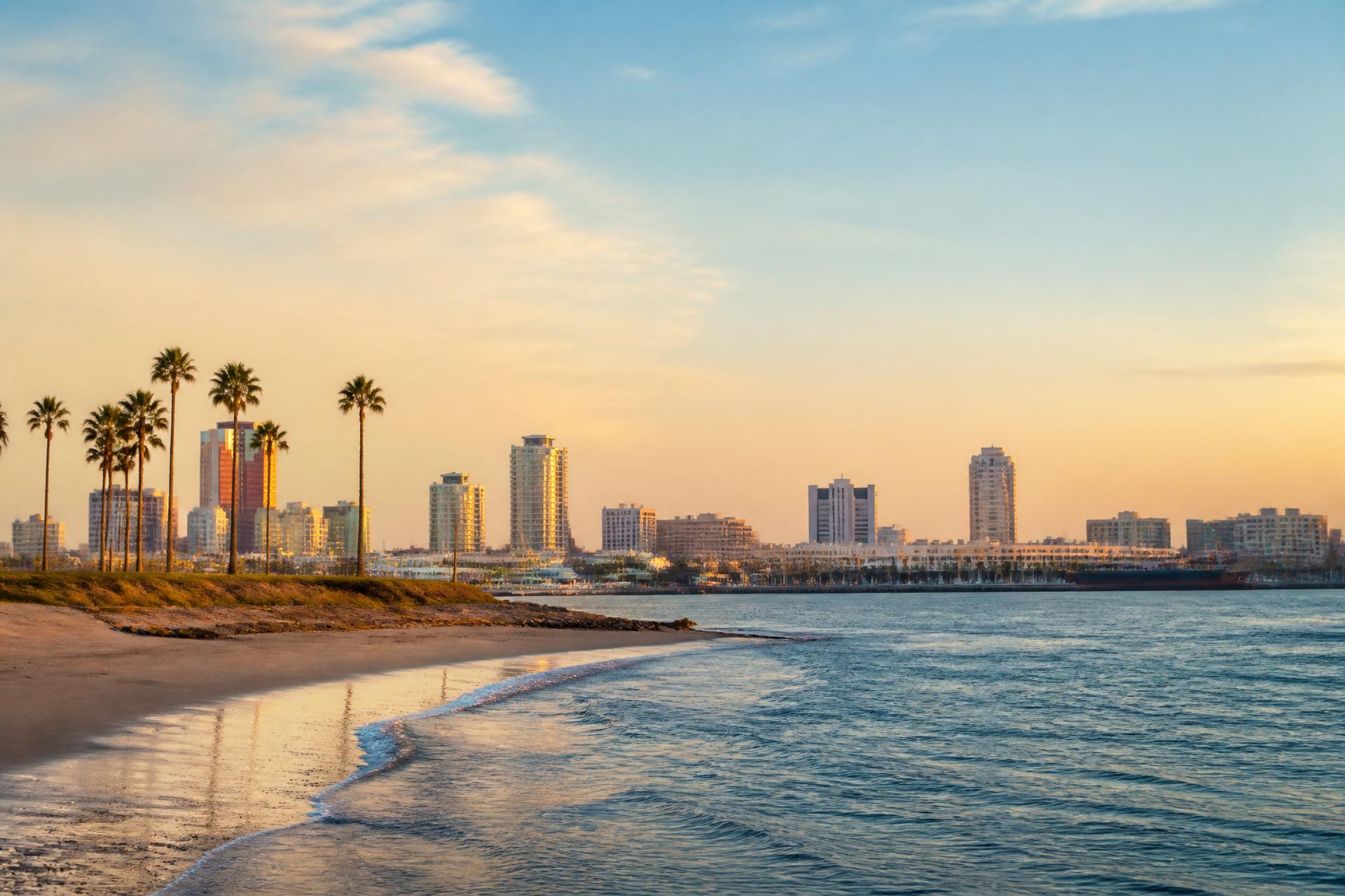 Long Beach shoreline at golden hour